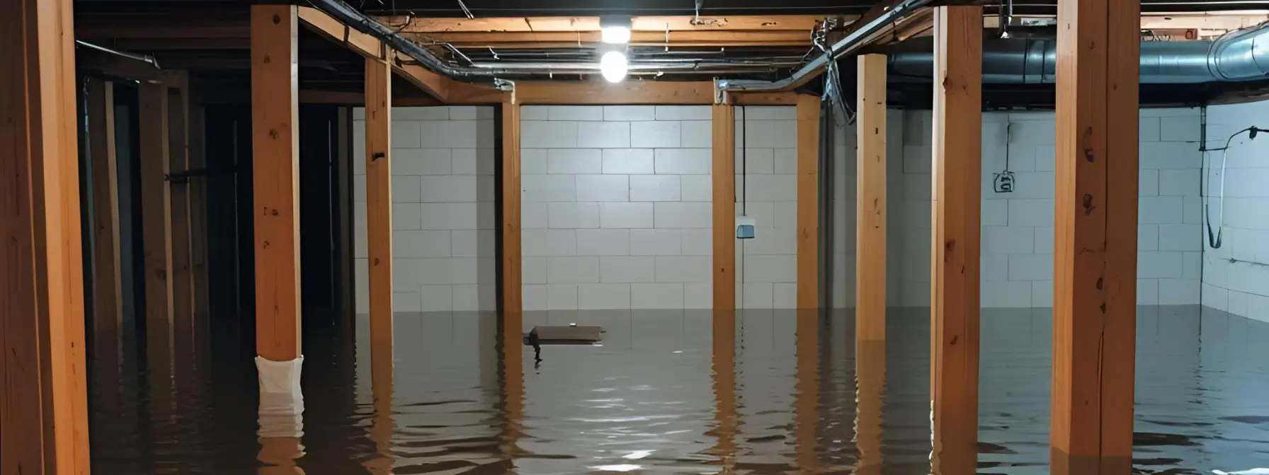Flooded basement in Saint Albans, WV, showing standing water around wooden support beams — a common result of poor waterproofing and drainage issues.