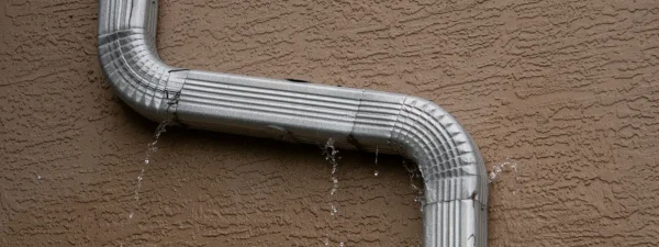 Leaking downspout on a Dunbar, WV home—showing poor drainage maintenance, a common cause of water damage near foundations.