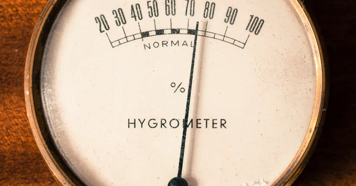 Close-up of an analog hygrometer showing a humidity level slightly above 70%, indicating high moisture levels.
