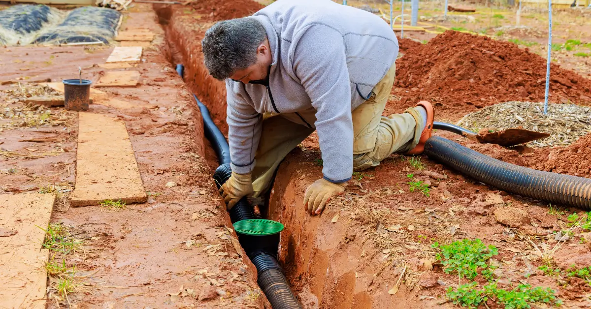 Man installing a French drain system in a trench, connecting black drainage pipes with a green grate to improve yard drainage and prevent basement flooding.