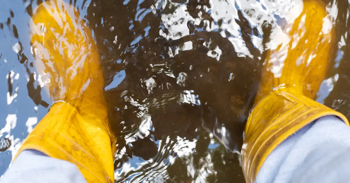 Close-up of a person wearing yellow rubber boots standing in muddy floodwater