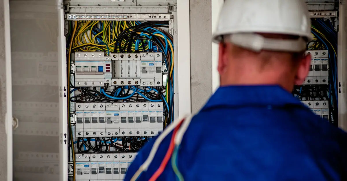 Electrician wearing a white hard hat and blue uniform inspecting a breaker panel filled with numerous circuit breakers and colorful wiring.