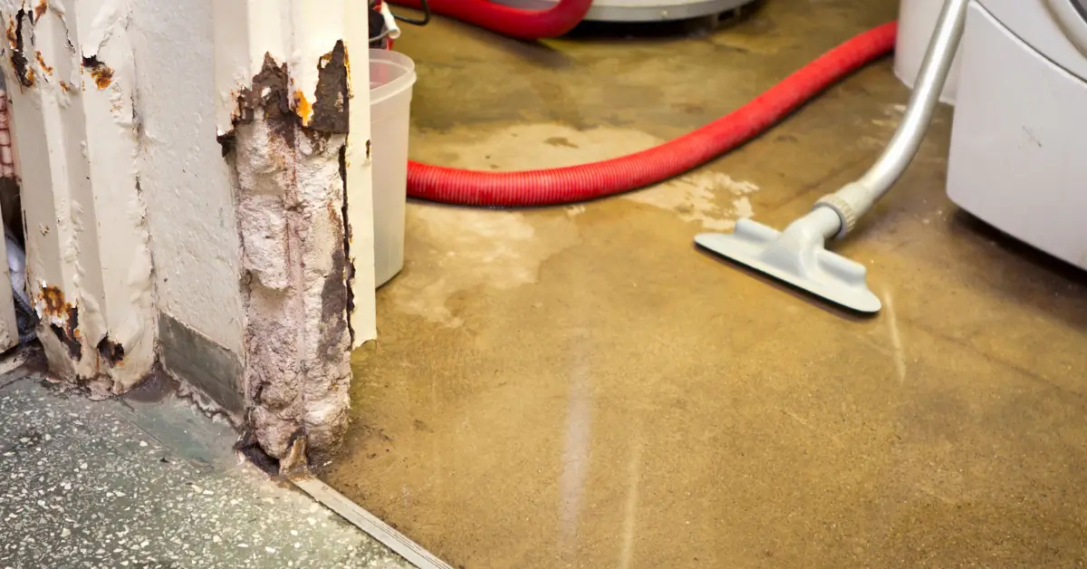 Basement or utility room with water-damaged walls showing rust and crumbling material, while a wet vacuum hose is used to remove standing water from the floor.