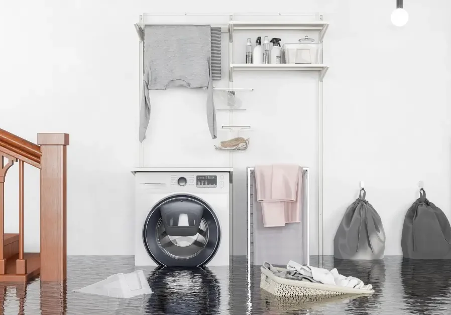 Flooded laundry room with washer and clothes