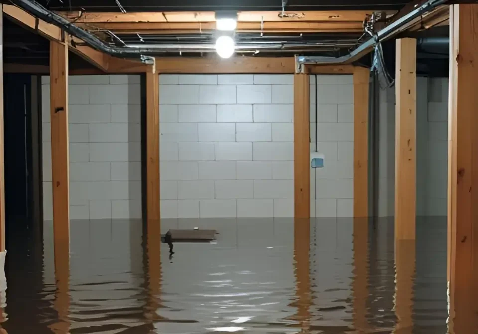 Waterlogged basement with light bulb