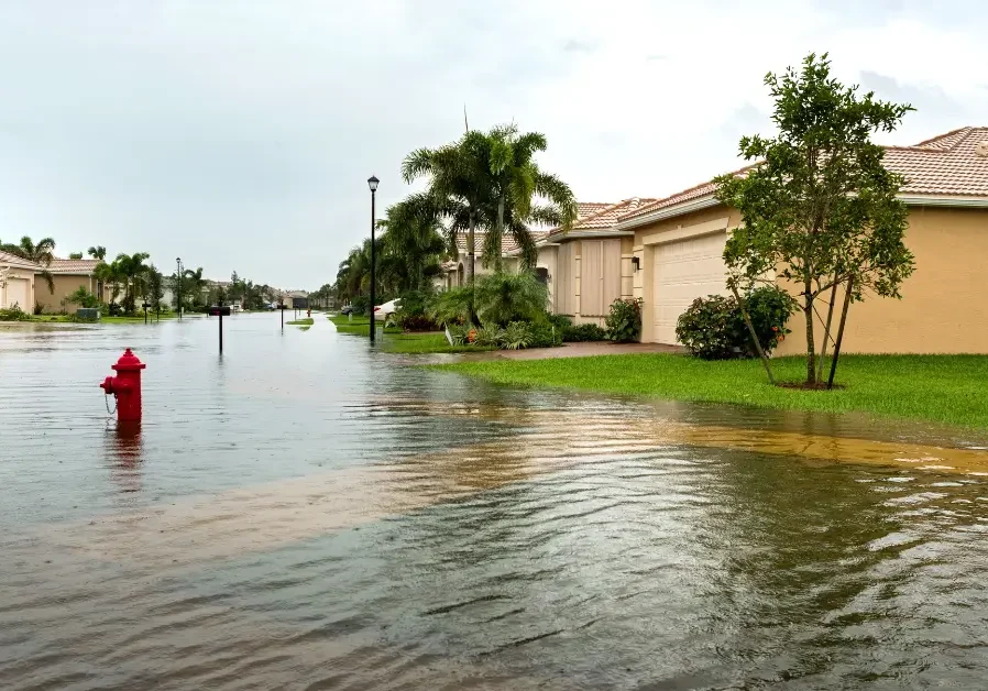 Flooded suburban street with hydrant