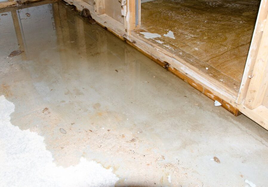 Flooded room with water on the floor