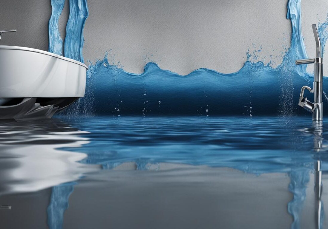 Flooded modern bathroom with water flowing