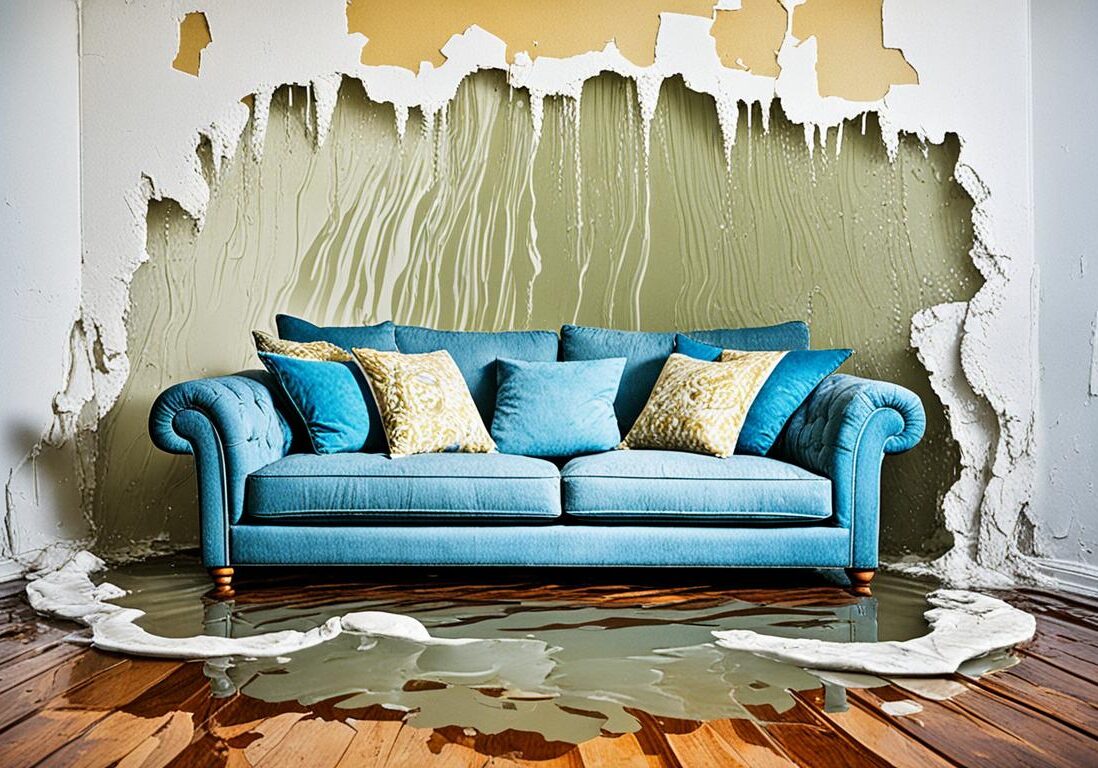 Flooded room with damaged wall and sofa.