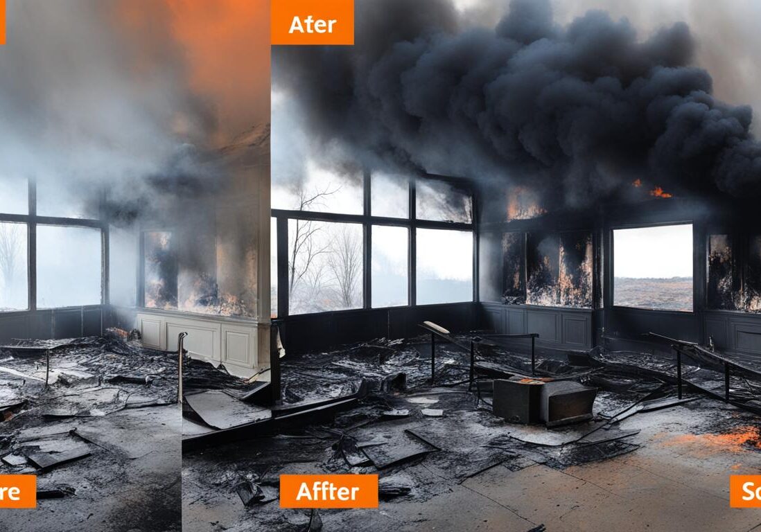 Room interior before and after fire damage