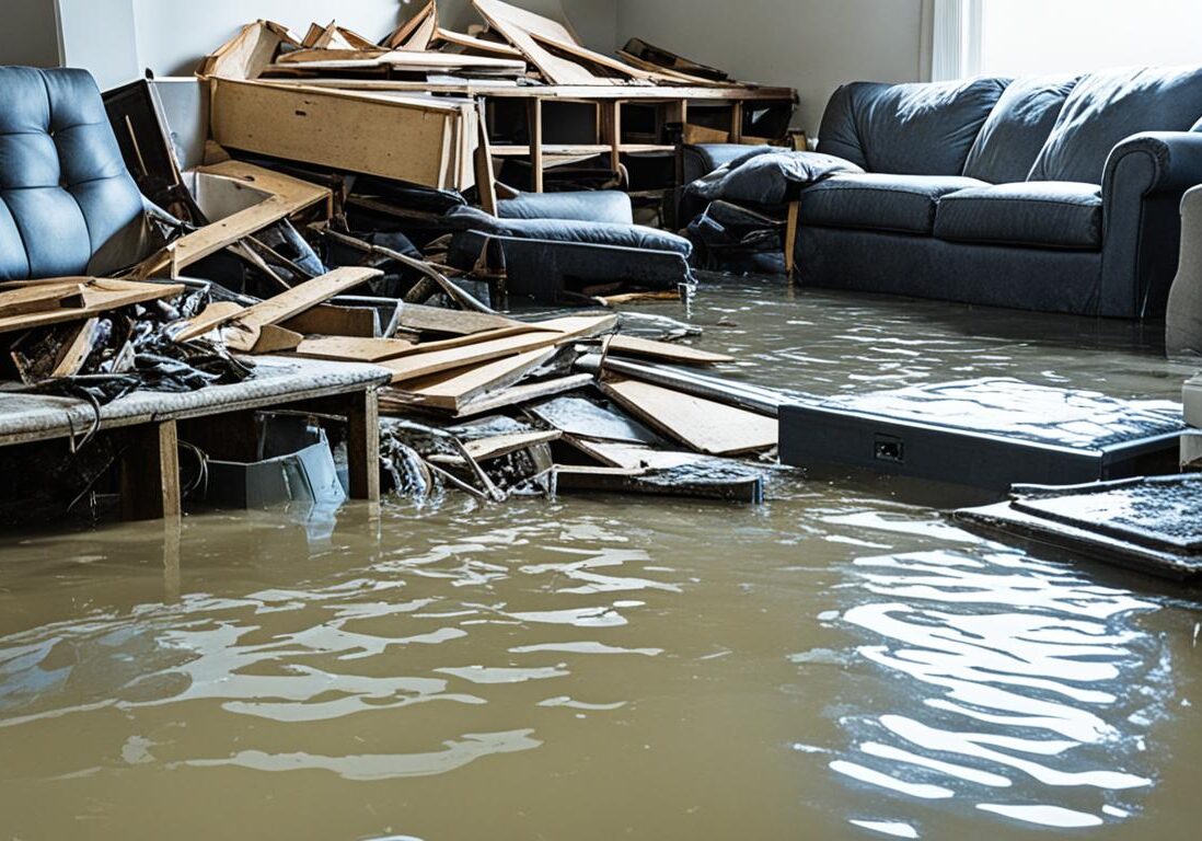Flooded living room with damaged furniture
