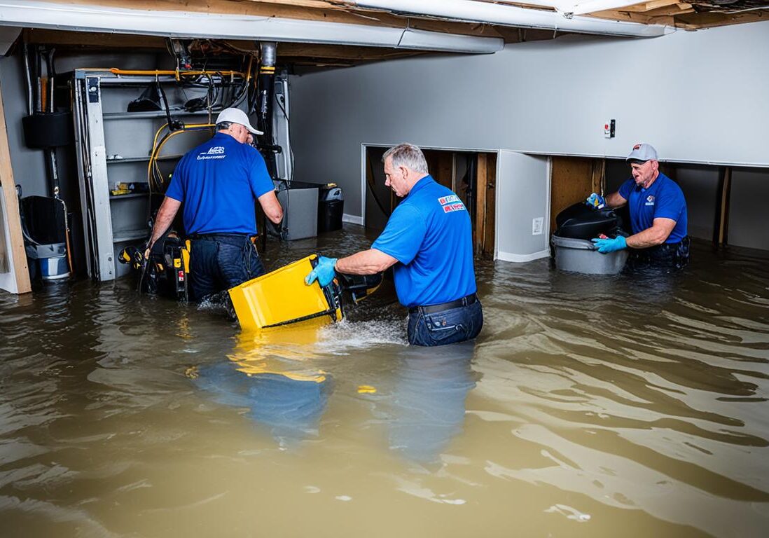 Workers cleaning flooded basement